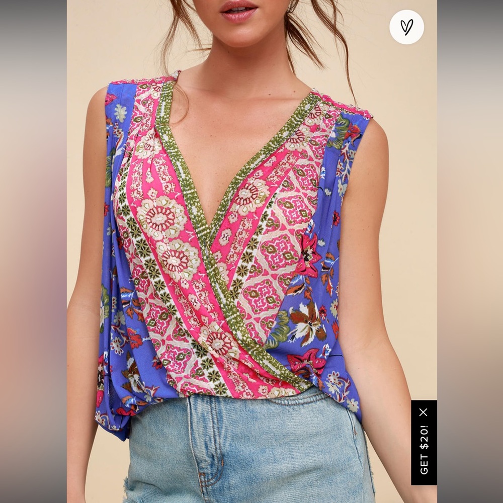 Free People Havana Blue Floral Print Sleeveless Surplice top, sz XS